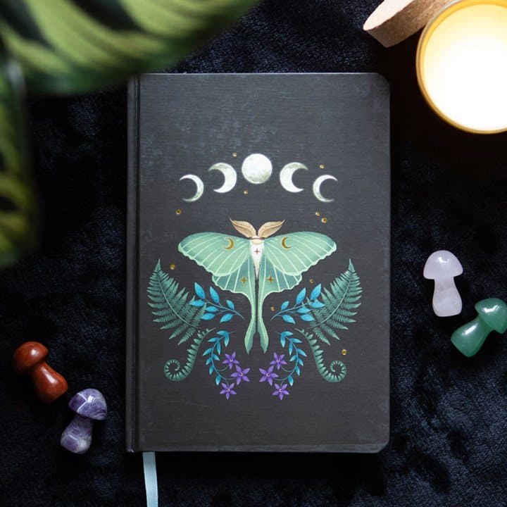 Luna moth A5 notebook with gold foil page edges and ribbon marker