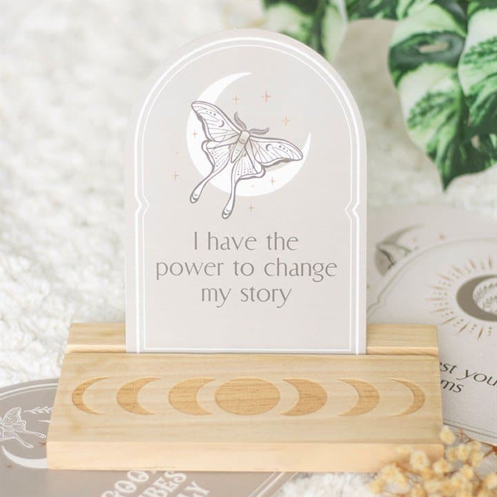Luna moth affirmation cards on a stand