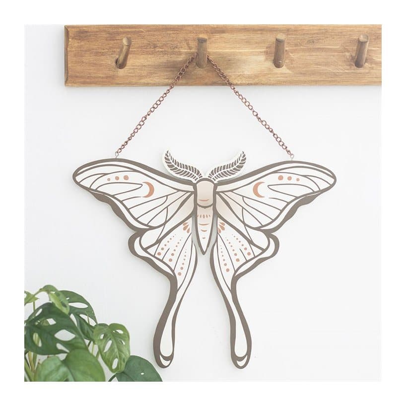 Luna moth-shaped hanging sign with intricate wings