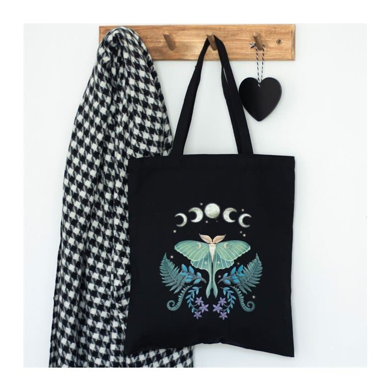 Black tote bag with a luna moth design