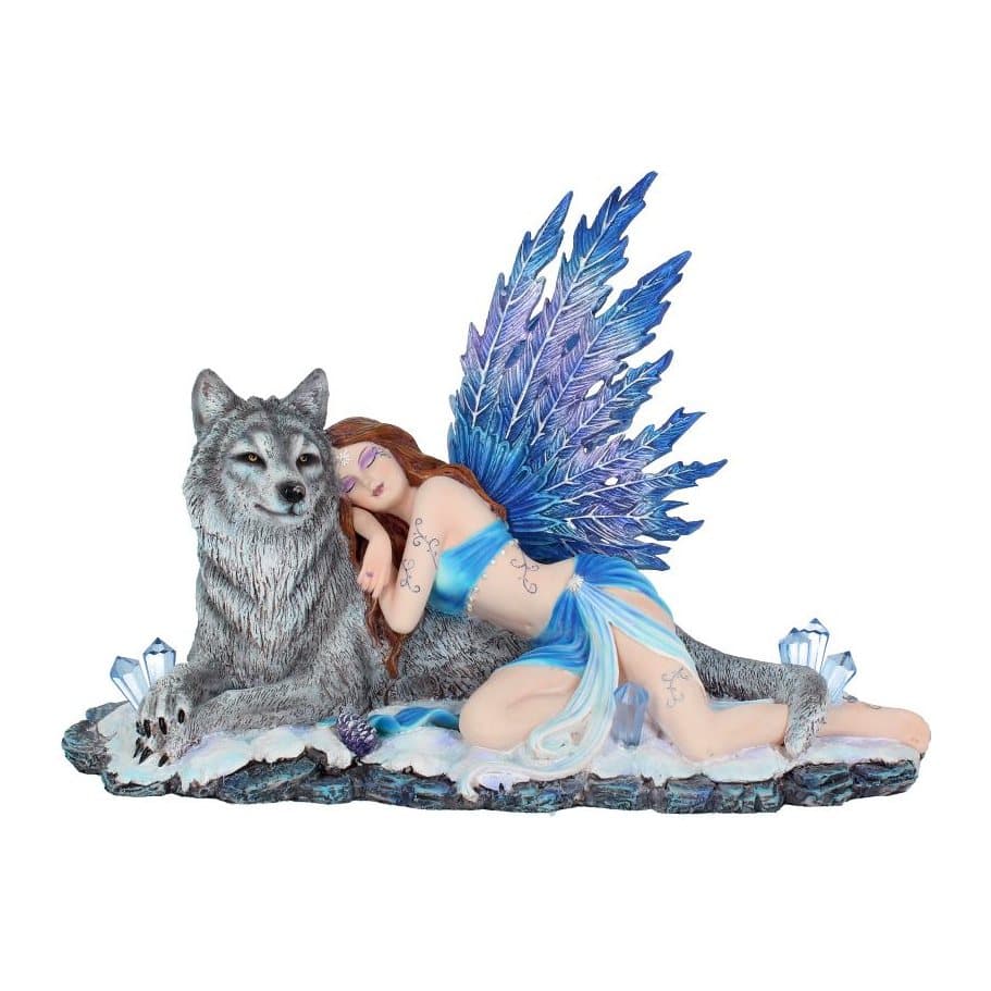 Winter fairy resting on a wolf on snow-covered ground
