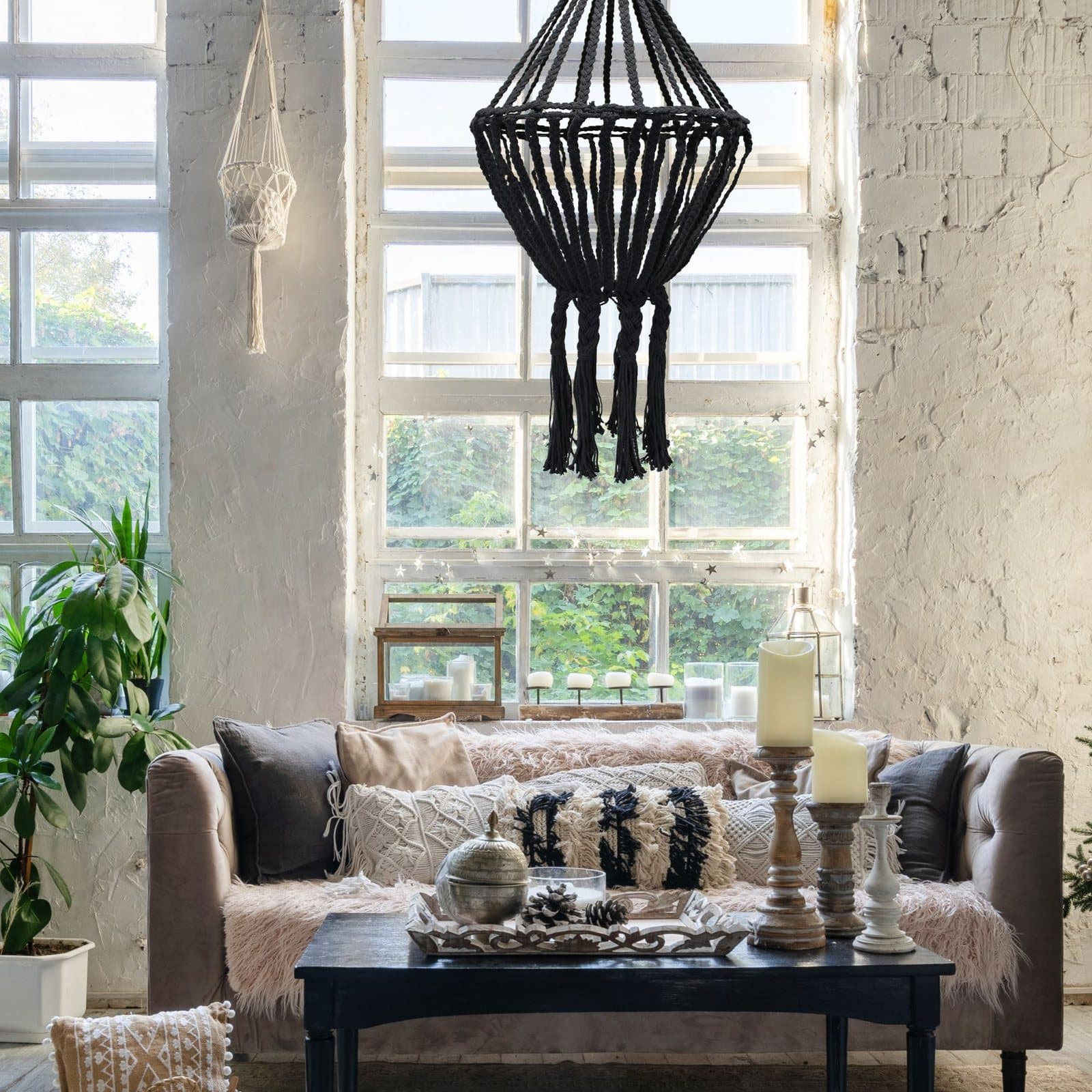 Hand-woven macrame drop chandelier in black or natural cotton