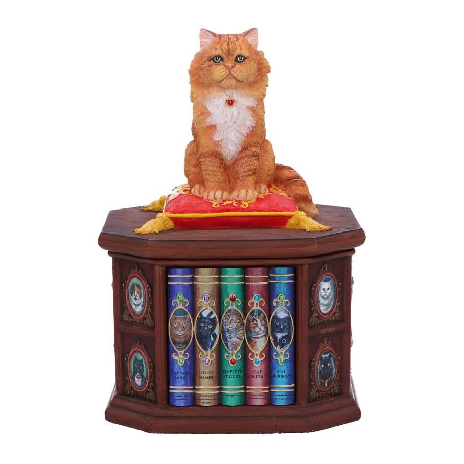 Ginger cat trinket box figurine on an old bookcase cushion with lift-off lid