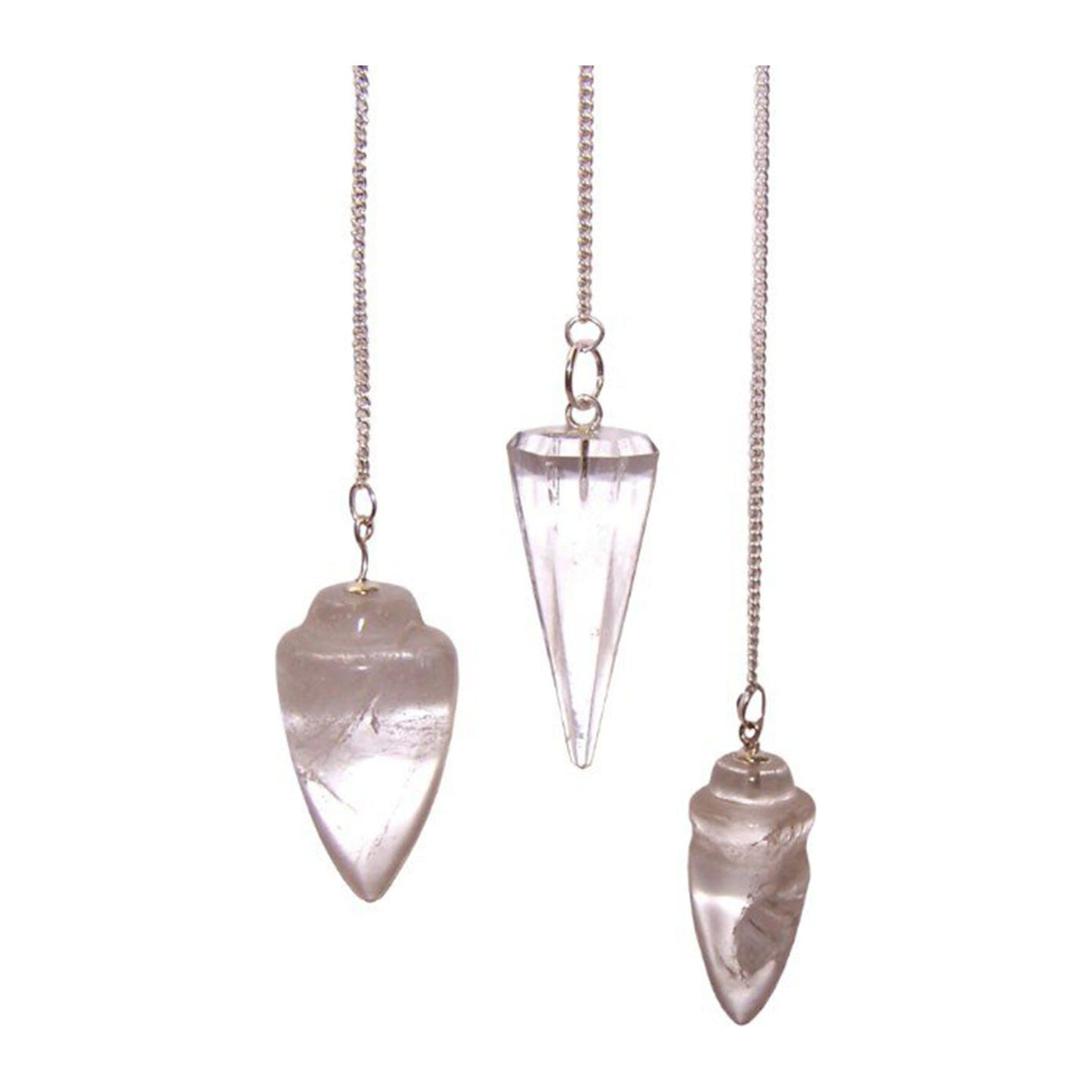 Rock quartz gemstone pendulum on a silver plated chain