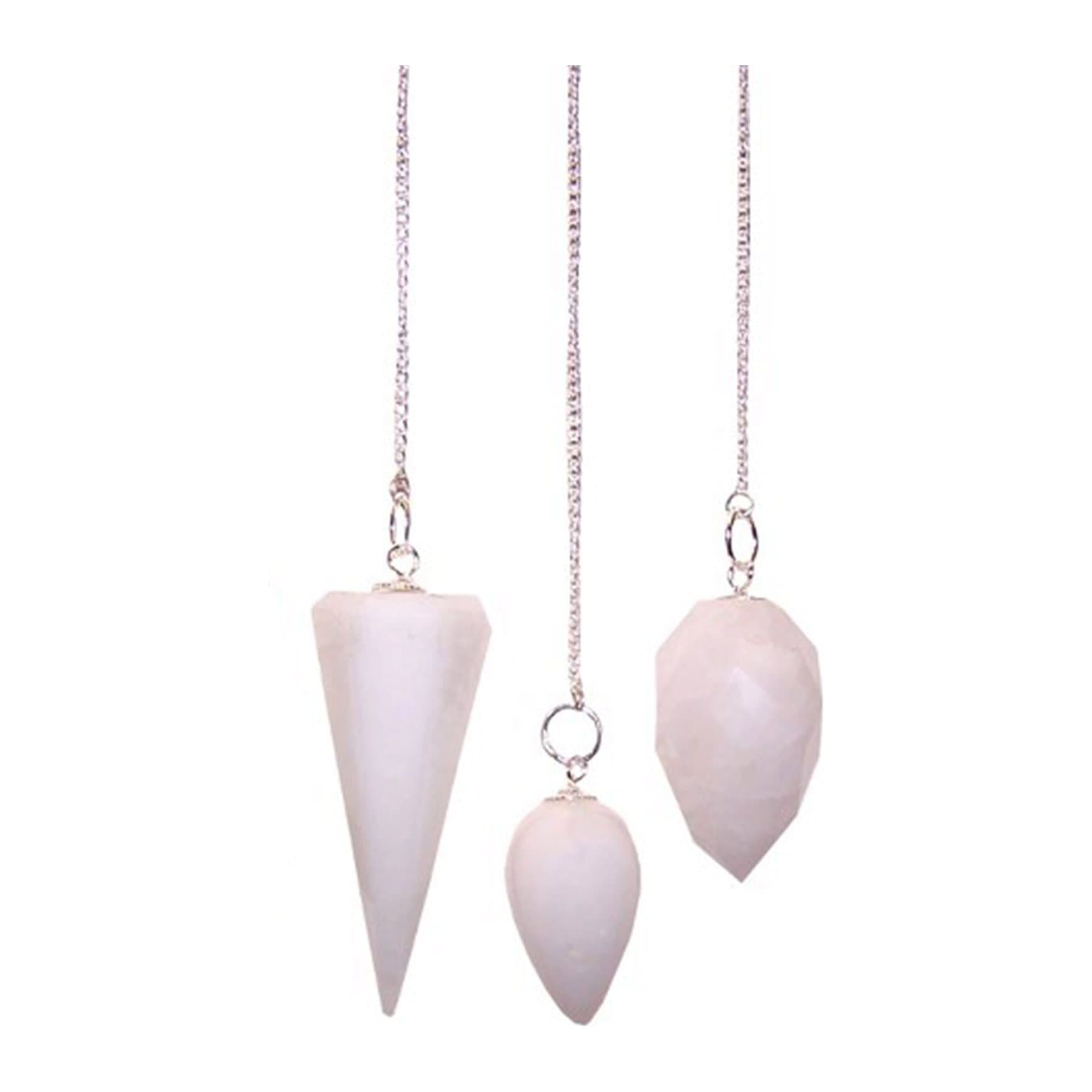 Snow quartz gemstone pendulum on a silver-plated chain with a gemstone bead