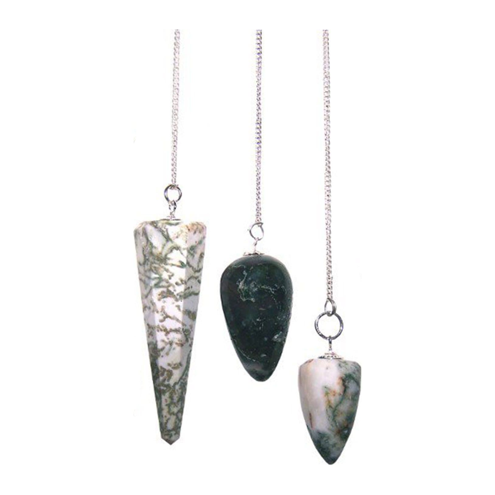 Tree agate gemstone pendulum on a silver plated chain with a gemstone bead