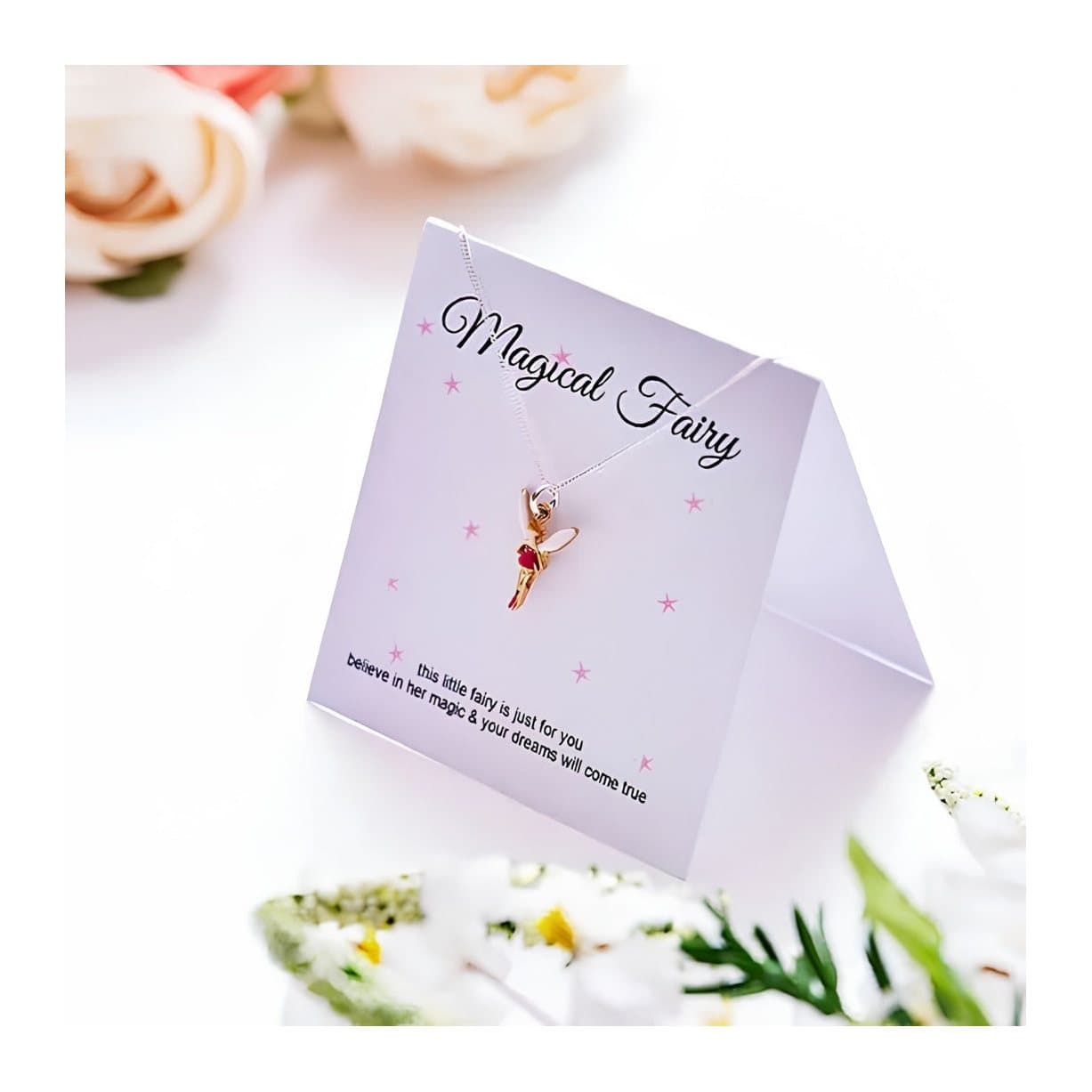 Pink enamel fairy necklace on a message card