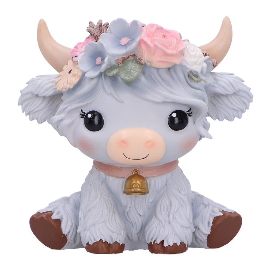 Grey resin cow figurine with delicate flowers on its head