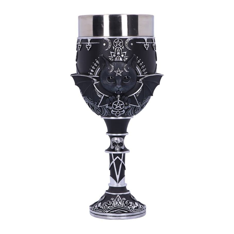 Malpuss goblet, a black cat with bat wings and ornate silver detailing