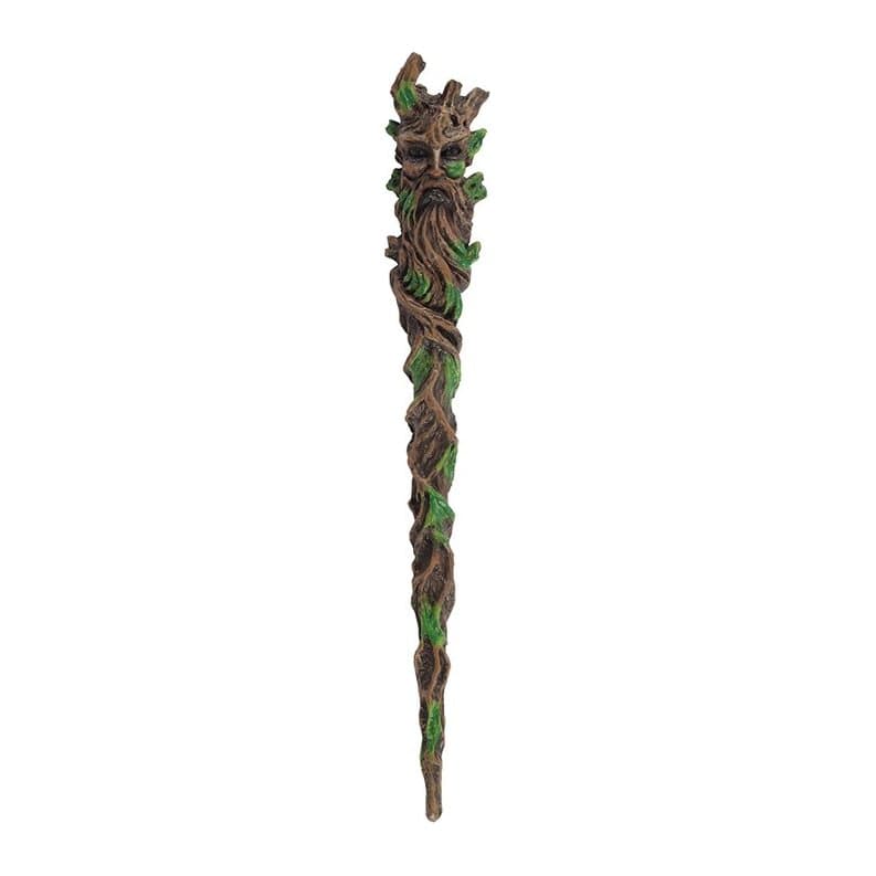 Resin Man of the Wood wand with green leaves and twisting branches