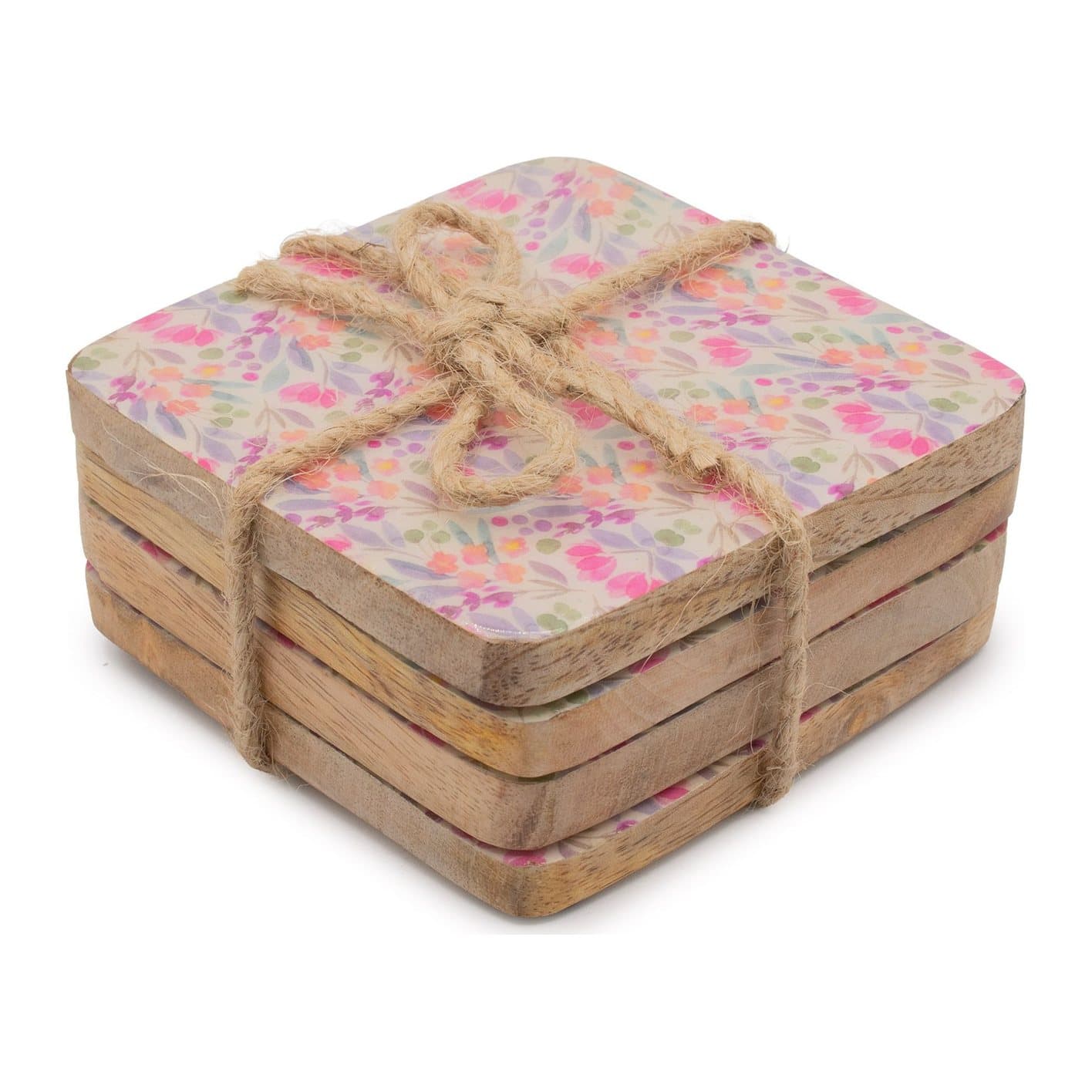 Four floral mango wood coasters