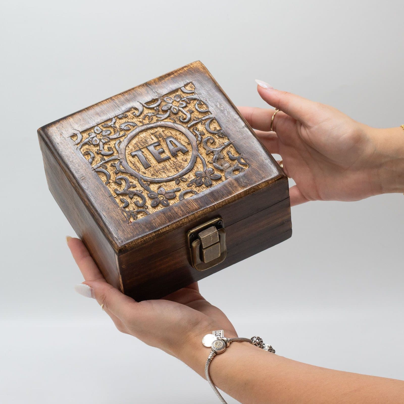 Carved mango wood tea box