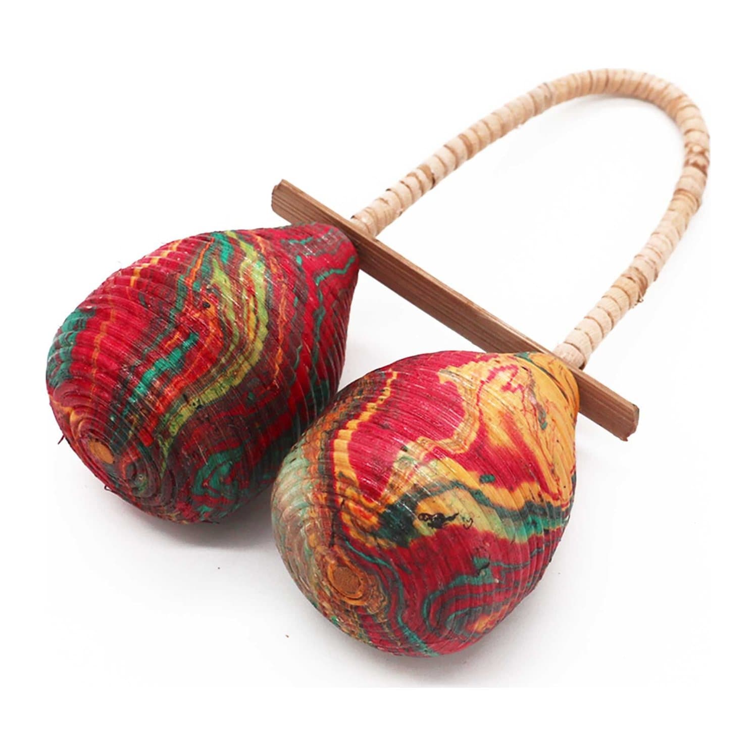Double loop maracas rattle with a marbled red, orange and green finish