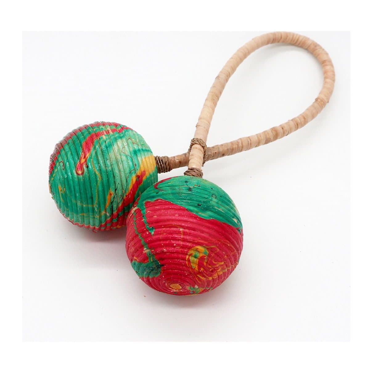 Double-twist maracas rattle with twin heads and marbled colours