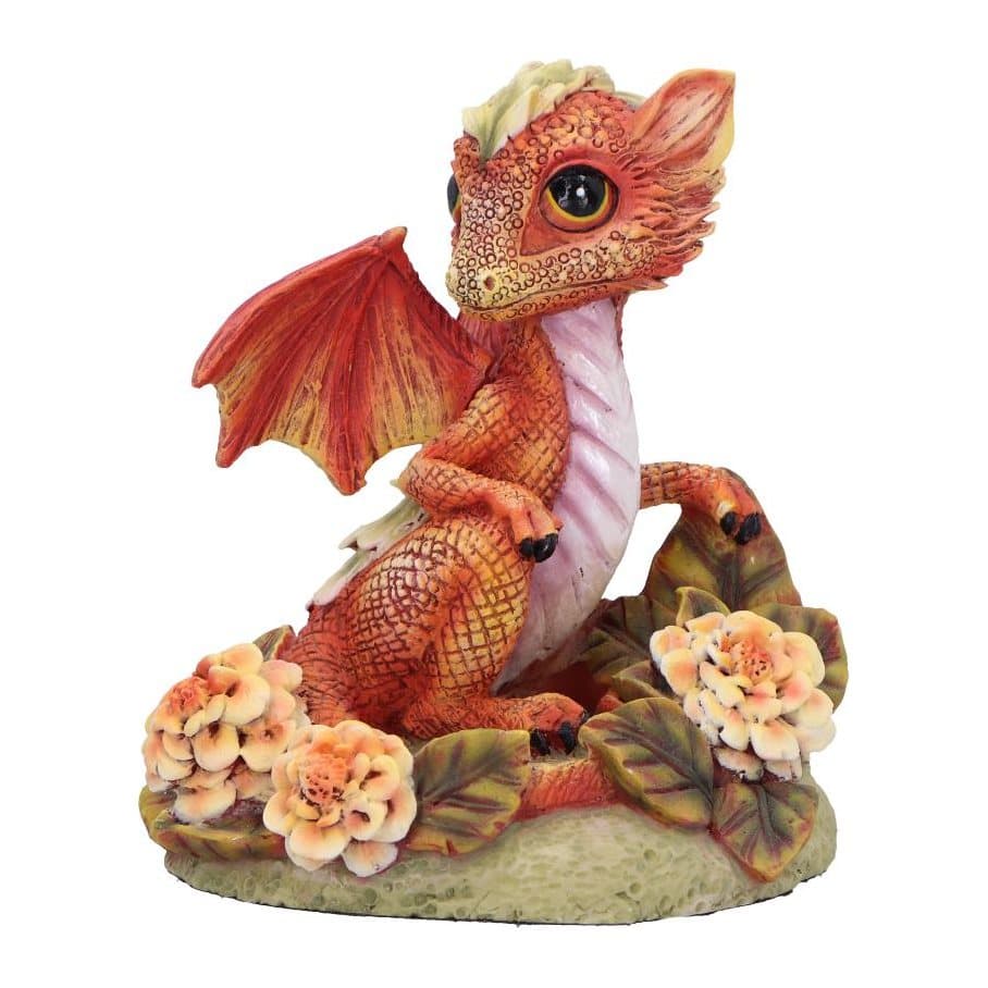 Orange-red marigold flower dragon figurine with flame-like wings on a flower base