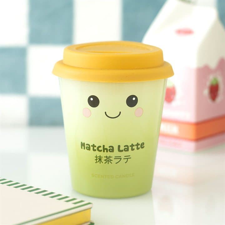 Matcha Latte scented candle shaped like a takeaway cup with a kawaii face