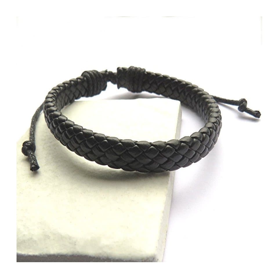 Men's black imitation leather weave bracelet with an adjustable cord