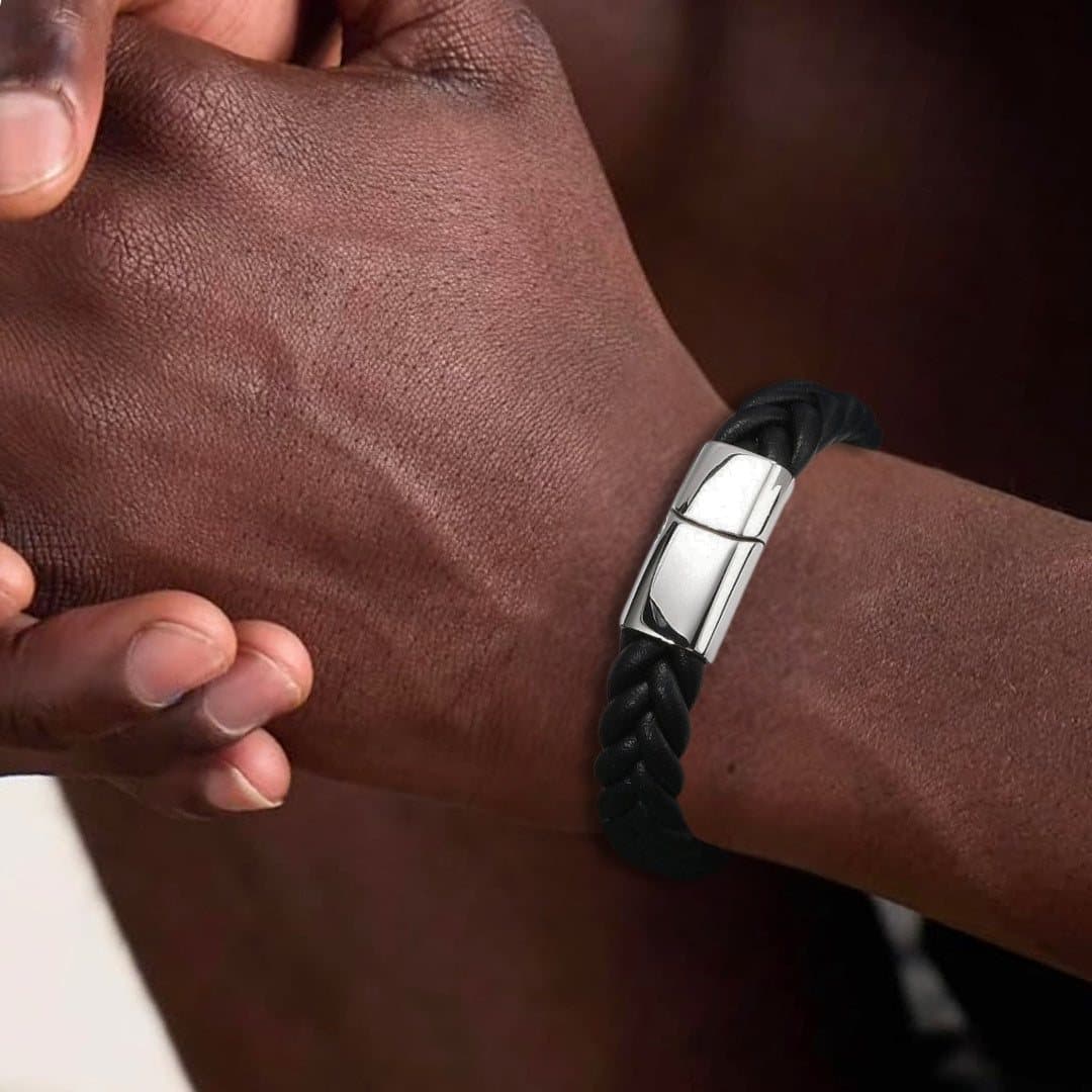 Black woven leather bracelet with a silver-toned magnetic clasp