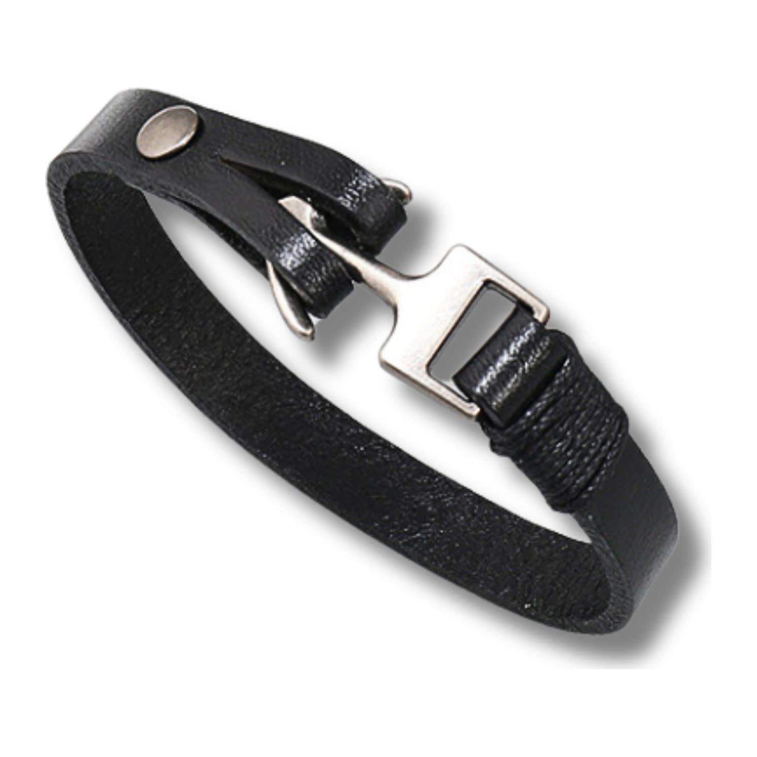 Men's black leather bracelet with a metal anchor clasp