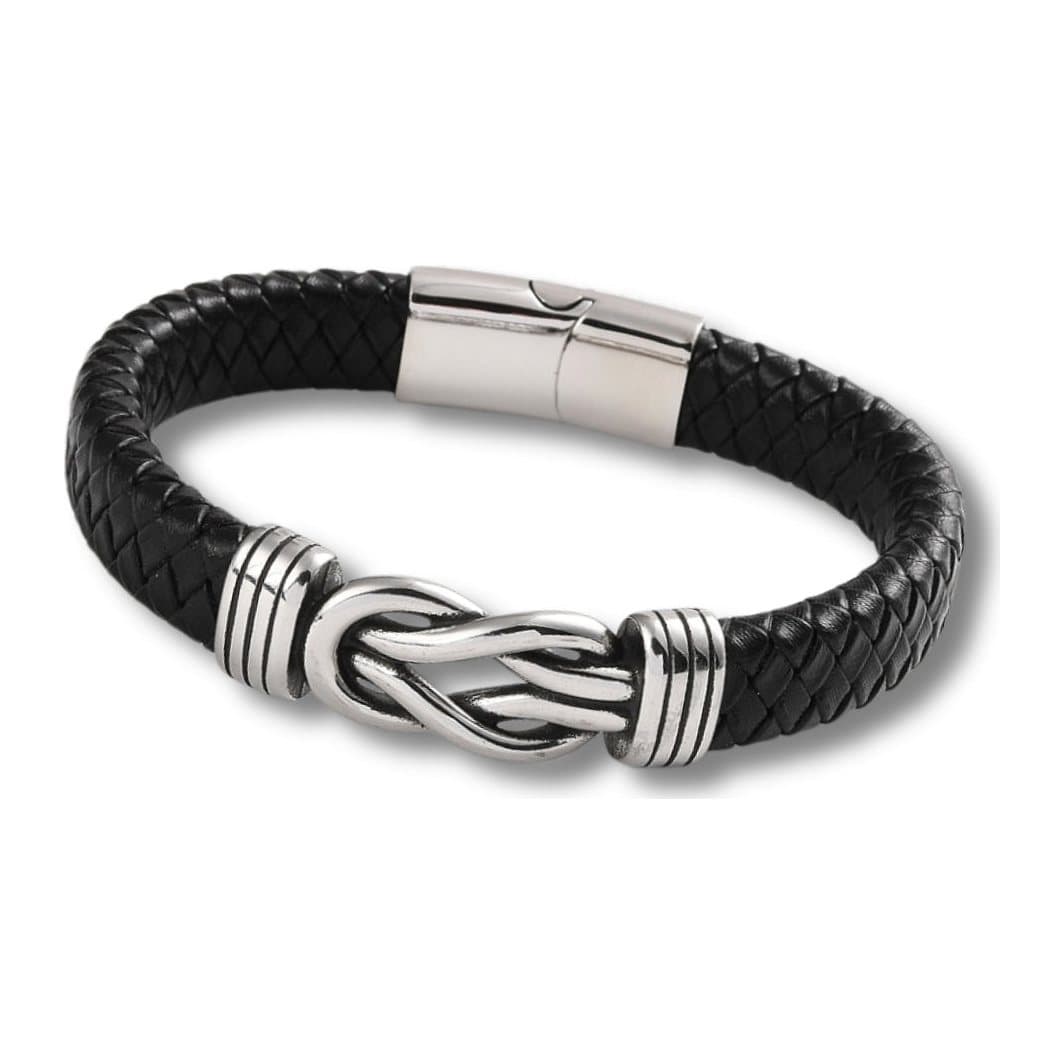 Men's black faux leather bracelet with an antique silver infinity knot