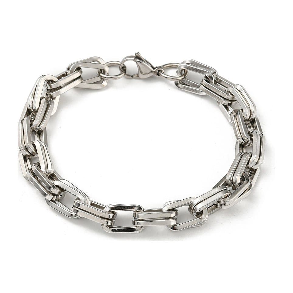 Men's long link silver bracelet in polished silver-toned stainless steel