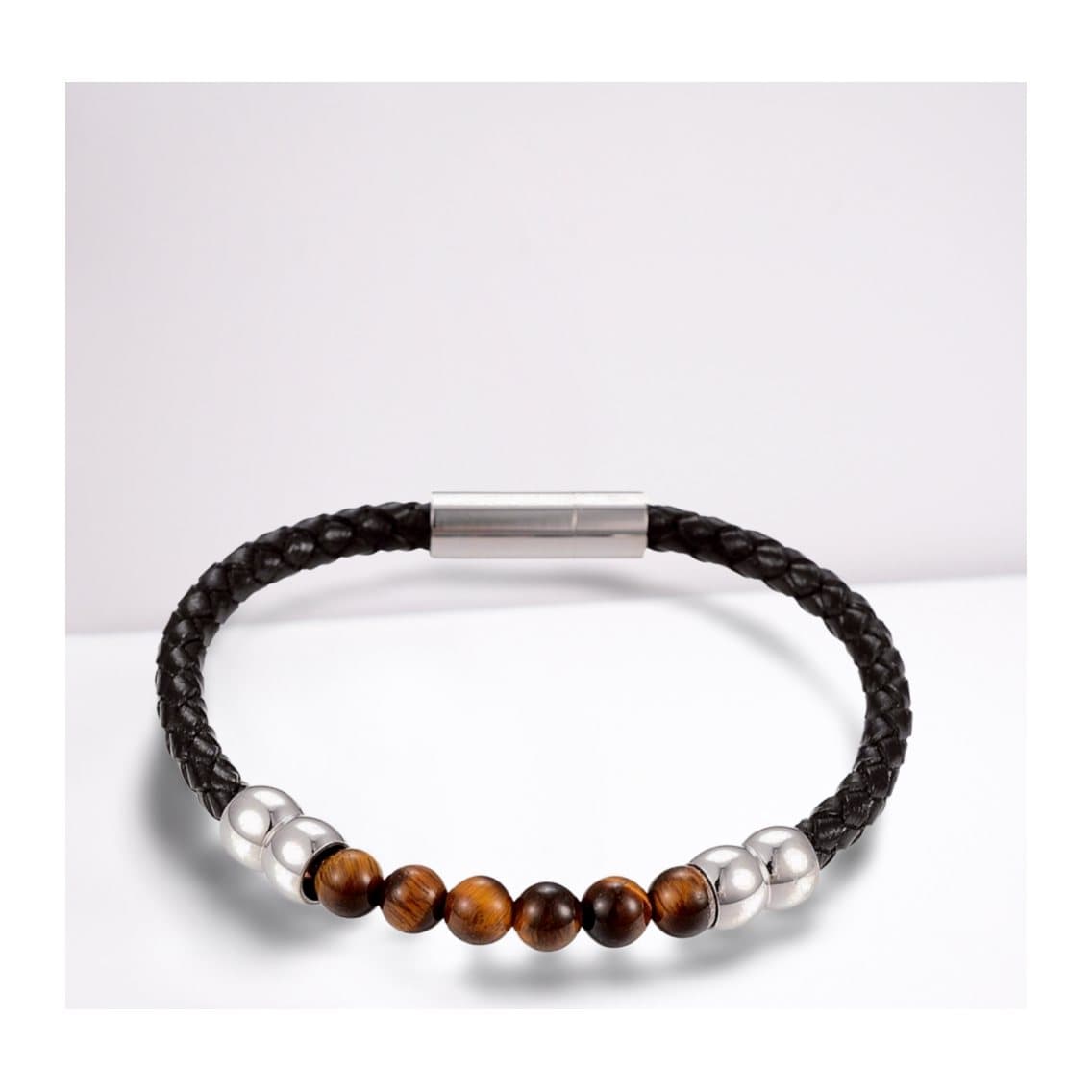 Men's tiger's eye bracelet with a braided faux leather cord and magnetic clasp