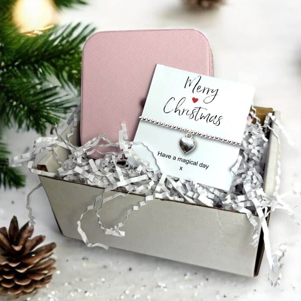 Silver plated heart bracelet and pink square jewellery box in a Christmas gift hamper