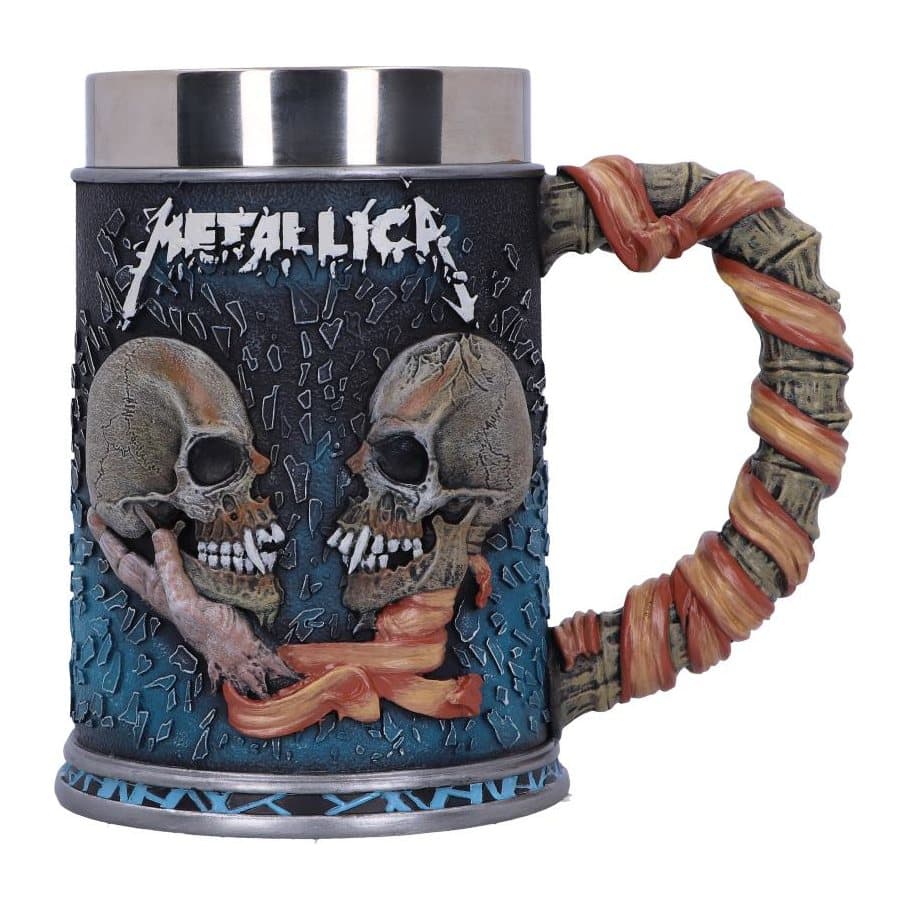 Resin Metallica tankard with two fanged skulls and a torn logo