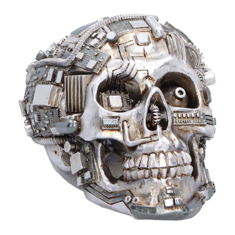 Micro chip skull figurine in worn silver with microchips, tubes, gears and bolts