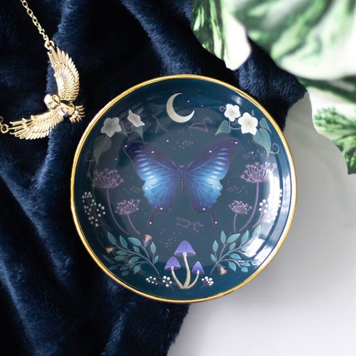 Round blue midnight moth trinket dish