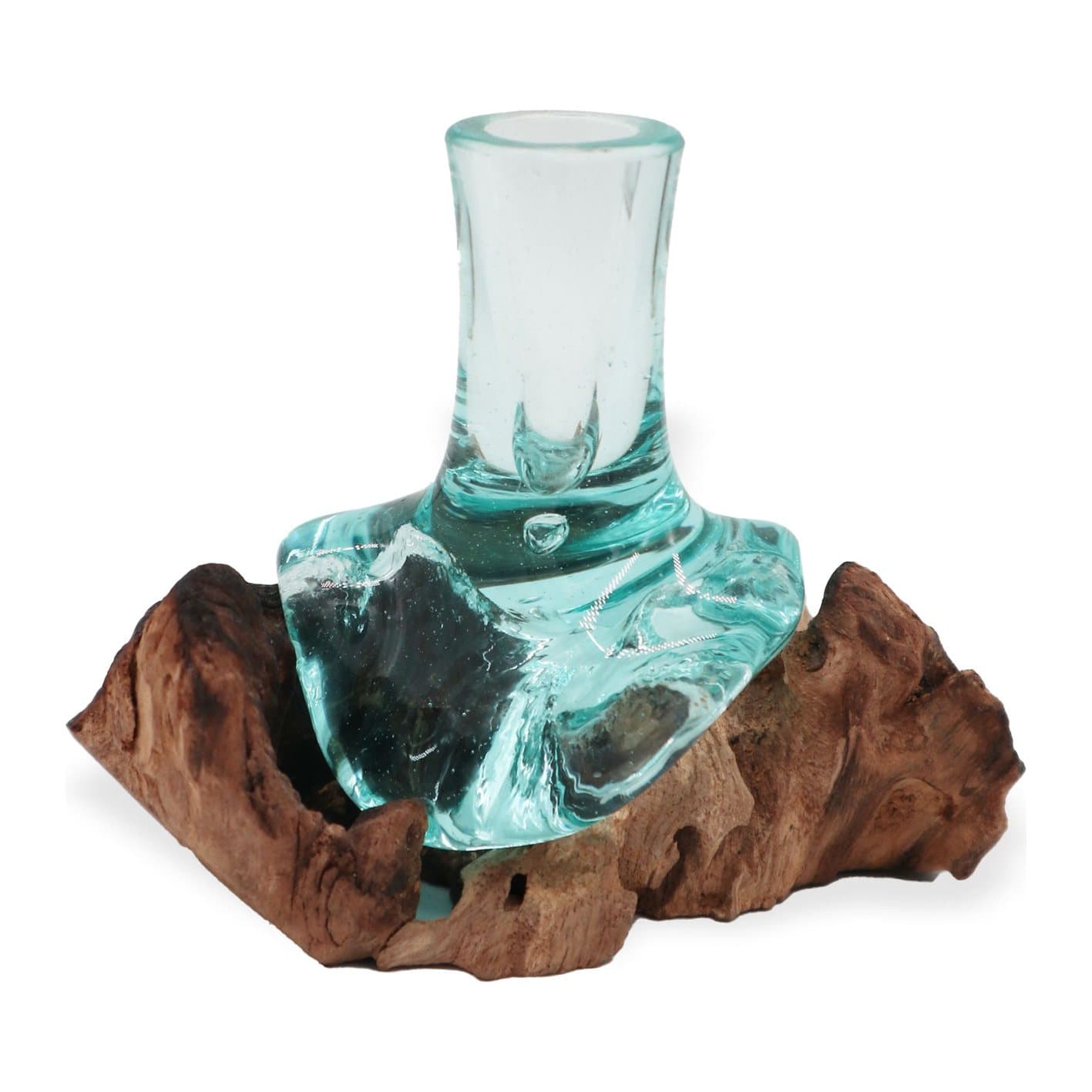 Recycled glass flower vase set into wood