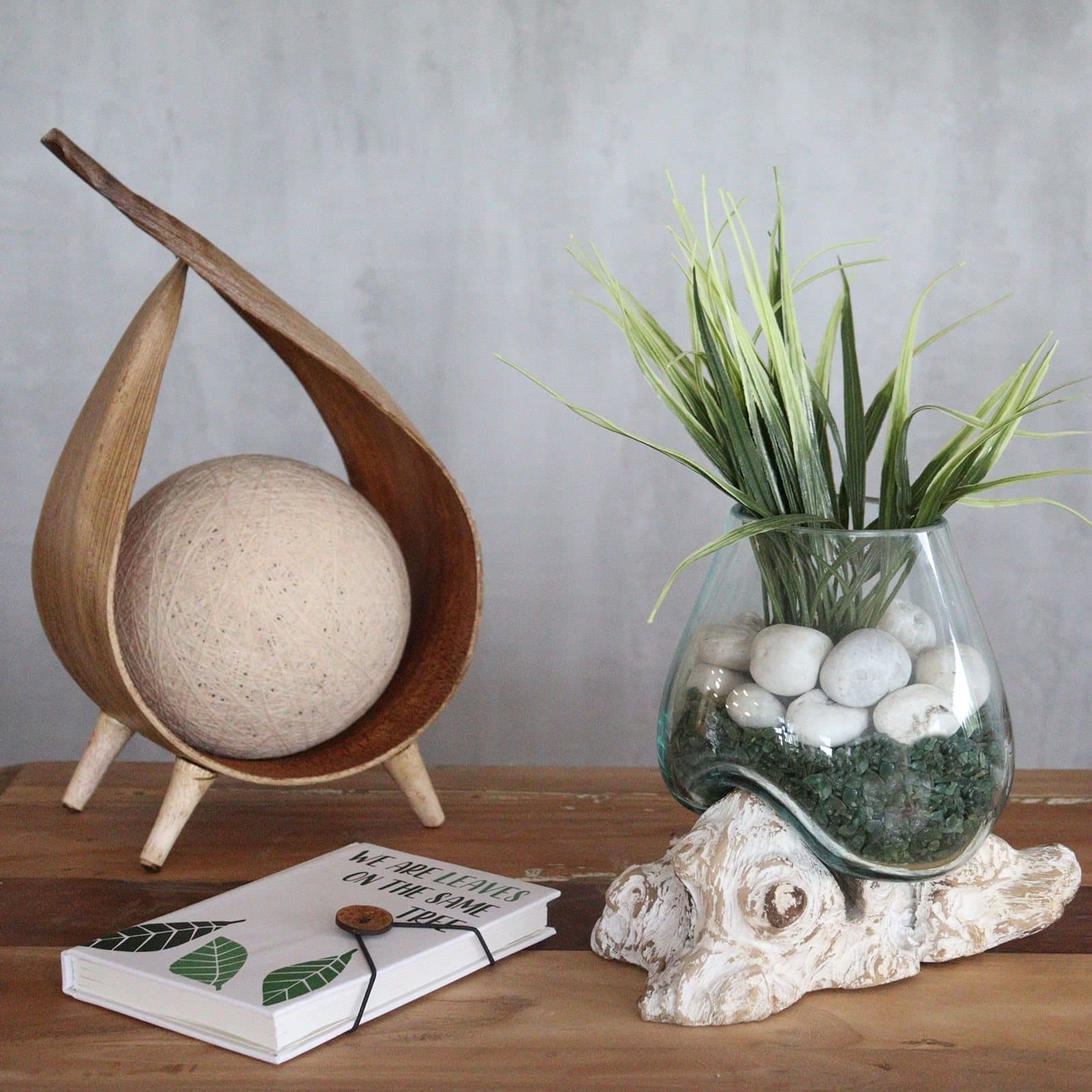 Molten glass bowl set into whitewashed wood