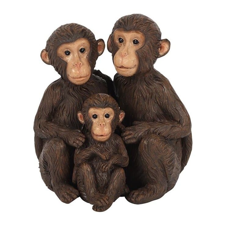 Resin monkey family ornament of three monkeys fitted together, with its picture box