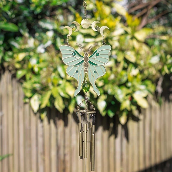Metal moth windchime with green wings and hanging chimes