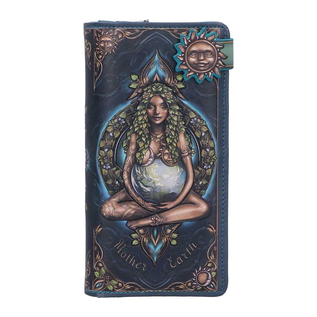 Mother Earth embossed purse showing Mother Earth cradling the planet