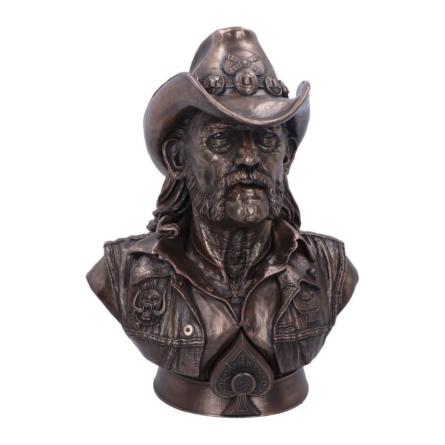 Motorhead Lemmy bronze bust with black hat and leather waistcoat