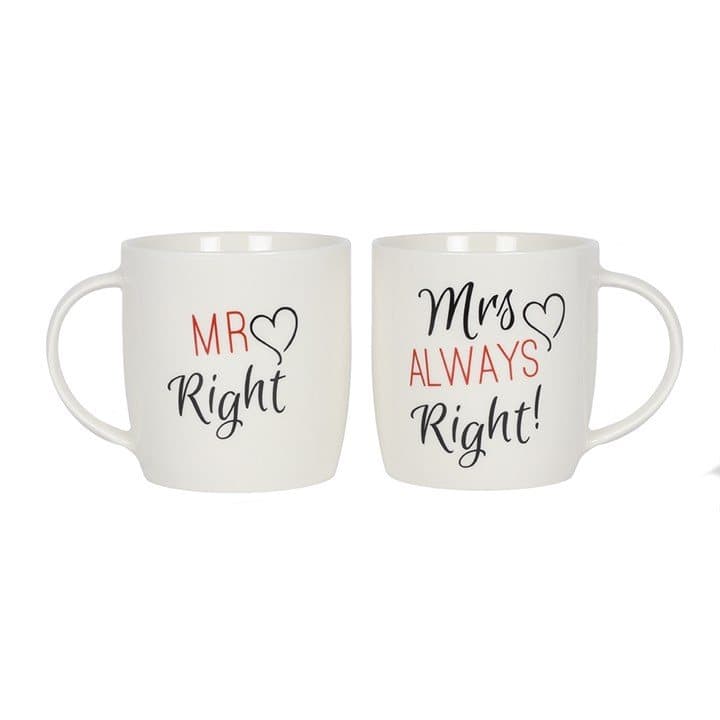 Boxed set of two ceramic Mr and Mrs mugs in a white box with a window