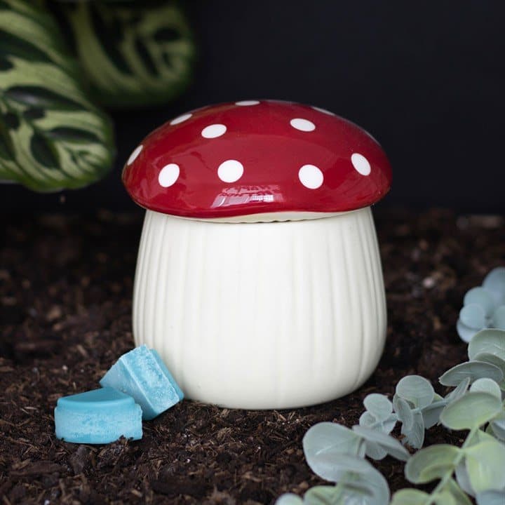 Ceramic mushroom shaped oil burner with a toadstool lid