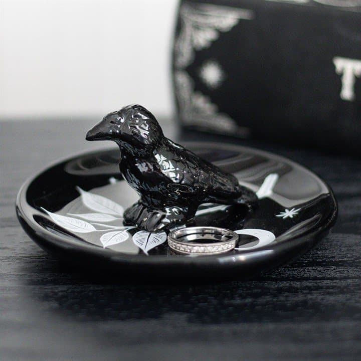 Black and white raven and moon trinket dish