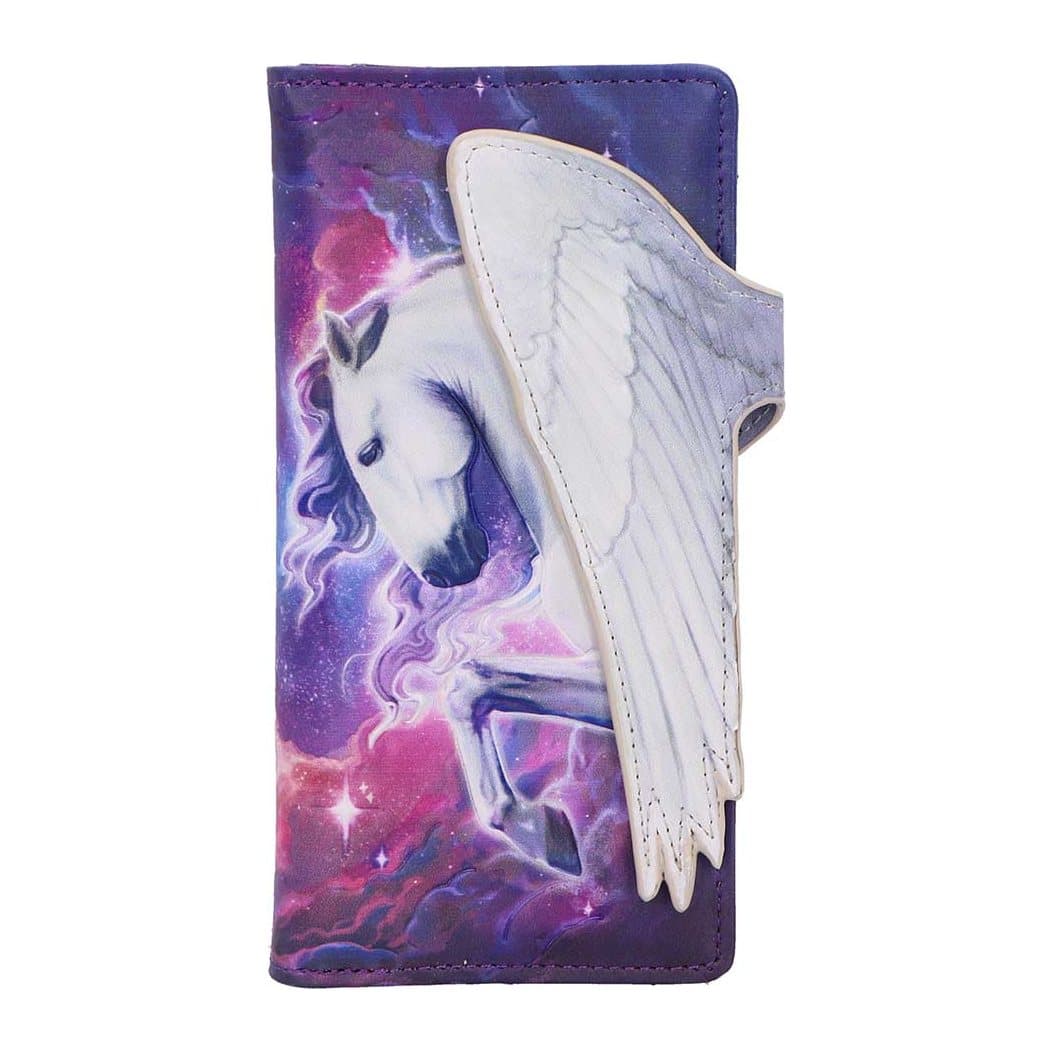 Embossed white winged unicorn purse with a purple and pink night sky and full moon