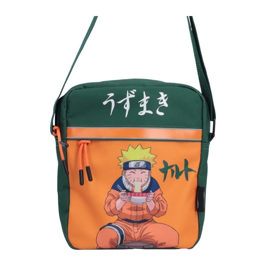 Naruto ramen crossbody bag in orange and green with Naruto eating ramen on the front
