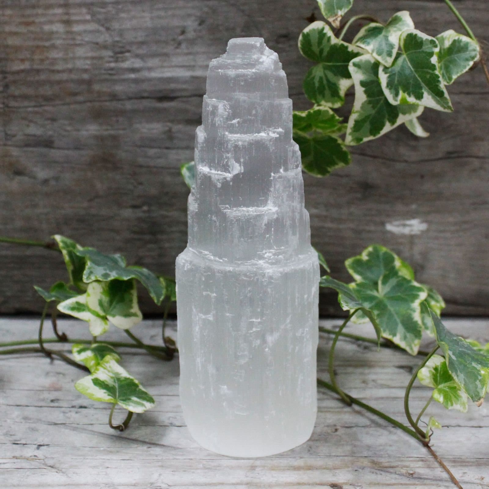 Tall milky natural selenite crystal tower, 15 cm