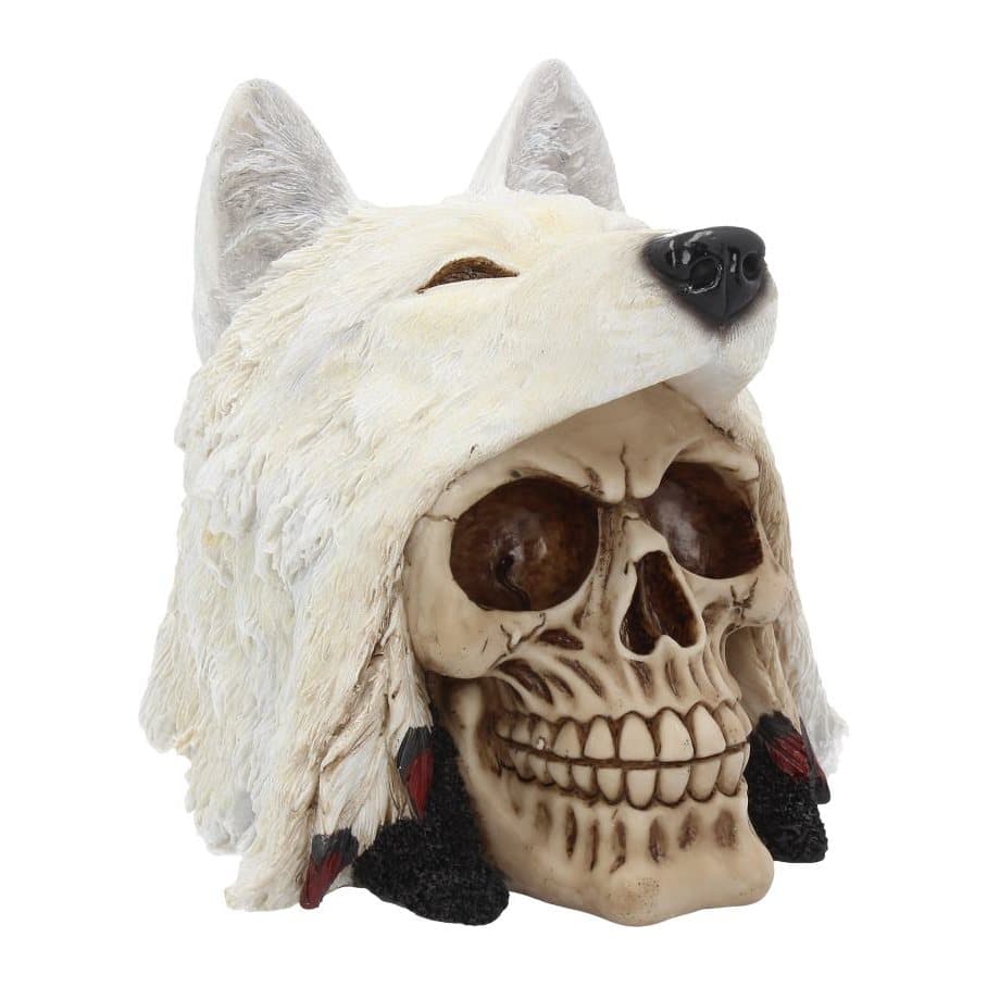 White wolf head on a bone-colour skull with tonal feathers and yellow eyes