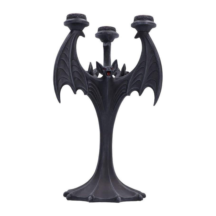 Grey gothic bat candle holder with outstretched wings and red eyes