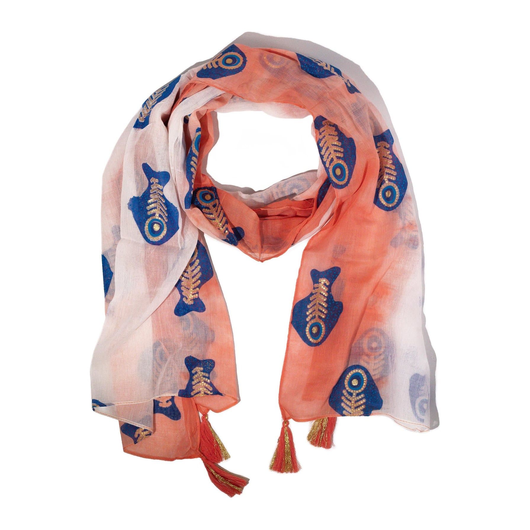 Coral scarf with blue fish motifs, gold foil detailing and tassels at the ends