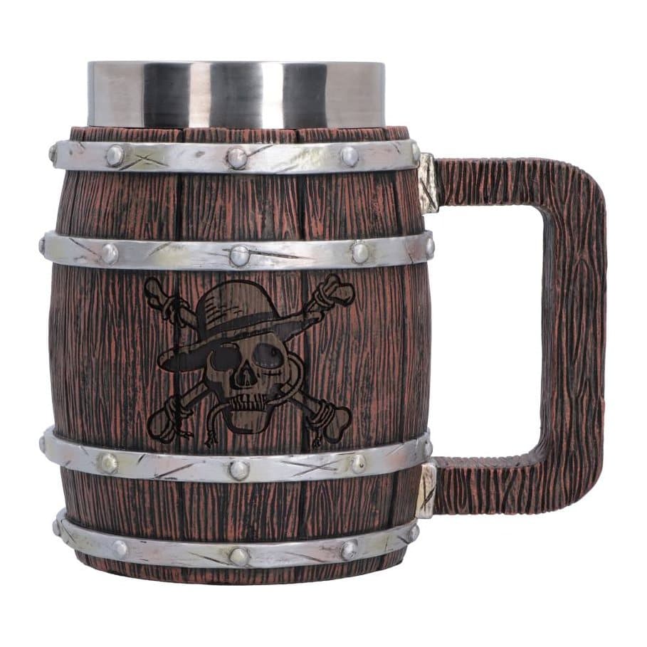 One Piece barrel tankard with a Jolly Roger skull and crossbones on the front