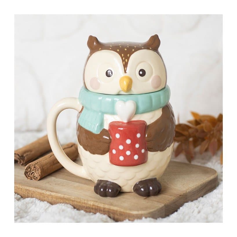 Ceramic owl-shaped mug with a matching lid