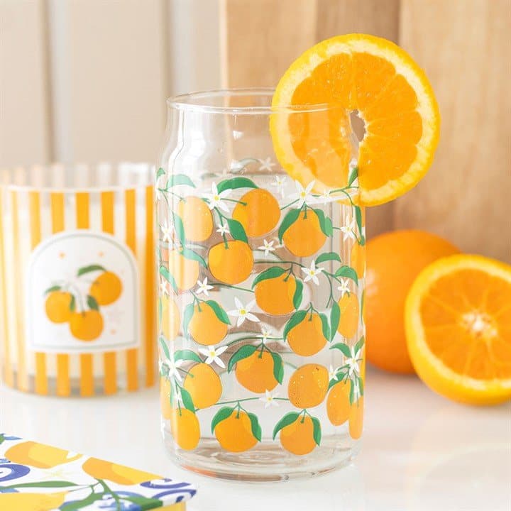 Can-style glass with a zesty orange print