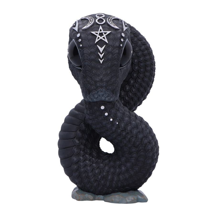 Large black resin ouroboros serpent figurine with silver accents and a pentagram