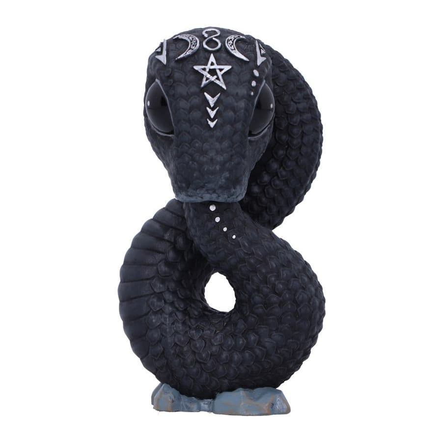 Resin ouroboros snake figurine biting its tail with black eyes and silver detailing
